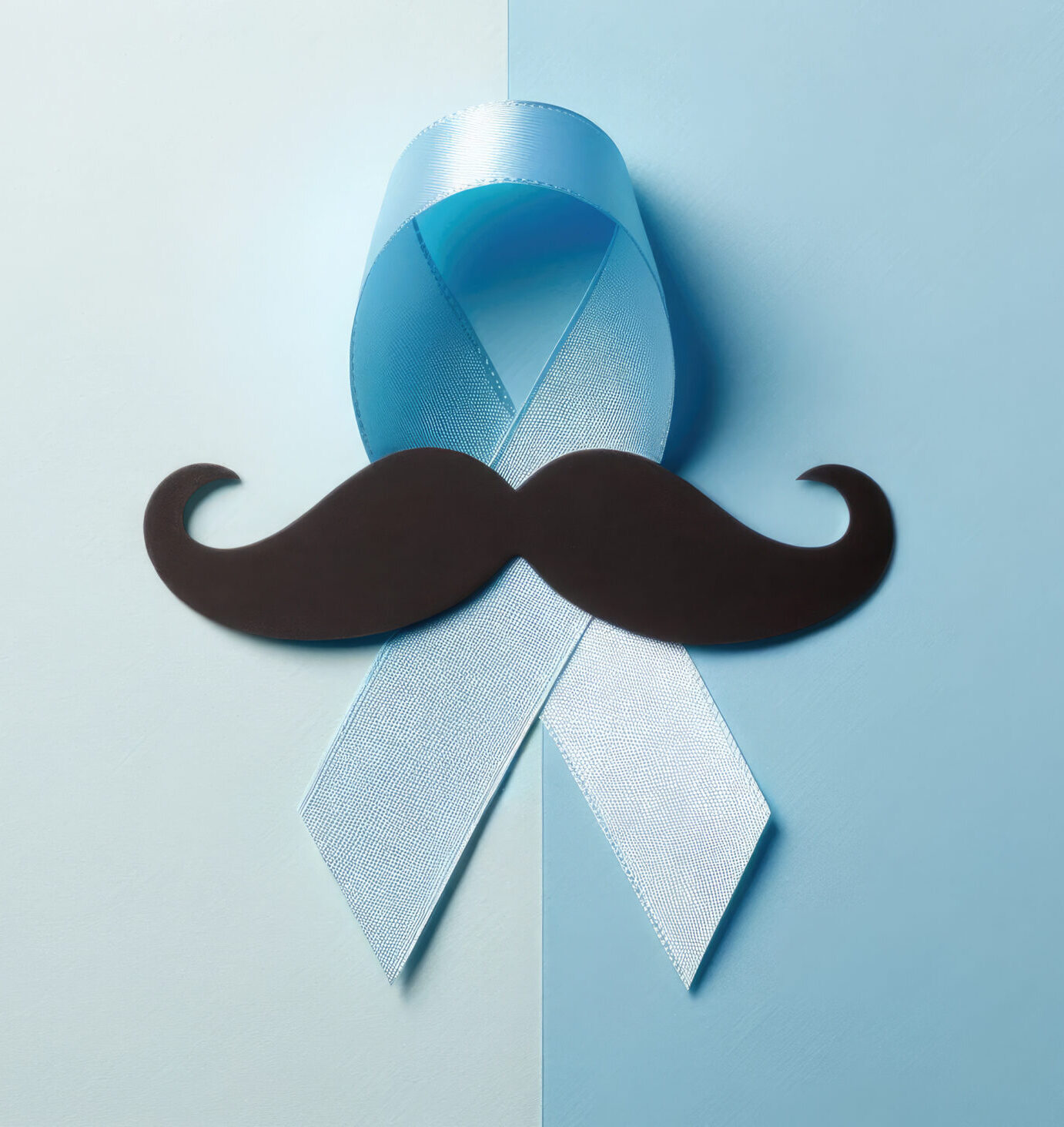 Blue ribbon on solid background with copy space. Movember campaign symbol. Prostate cancer awareness month.